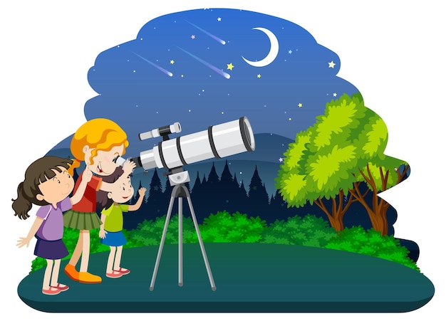 A kids looking at the planet with telescope