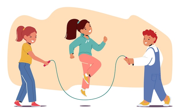 Kids love jumping rope children characters engage in fun playful activity that improves coordination and endurance while fostering a sense of joy and camaraderie cartoon people vector illustration