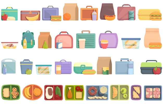 Kids lunch box icons set cartoon vector Snack kid