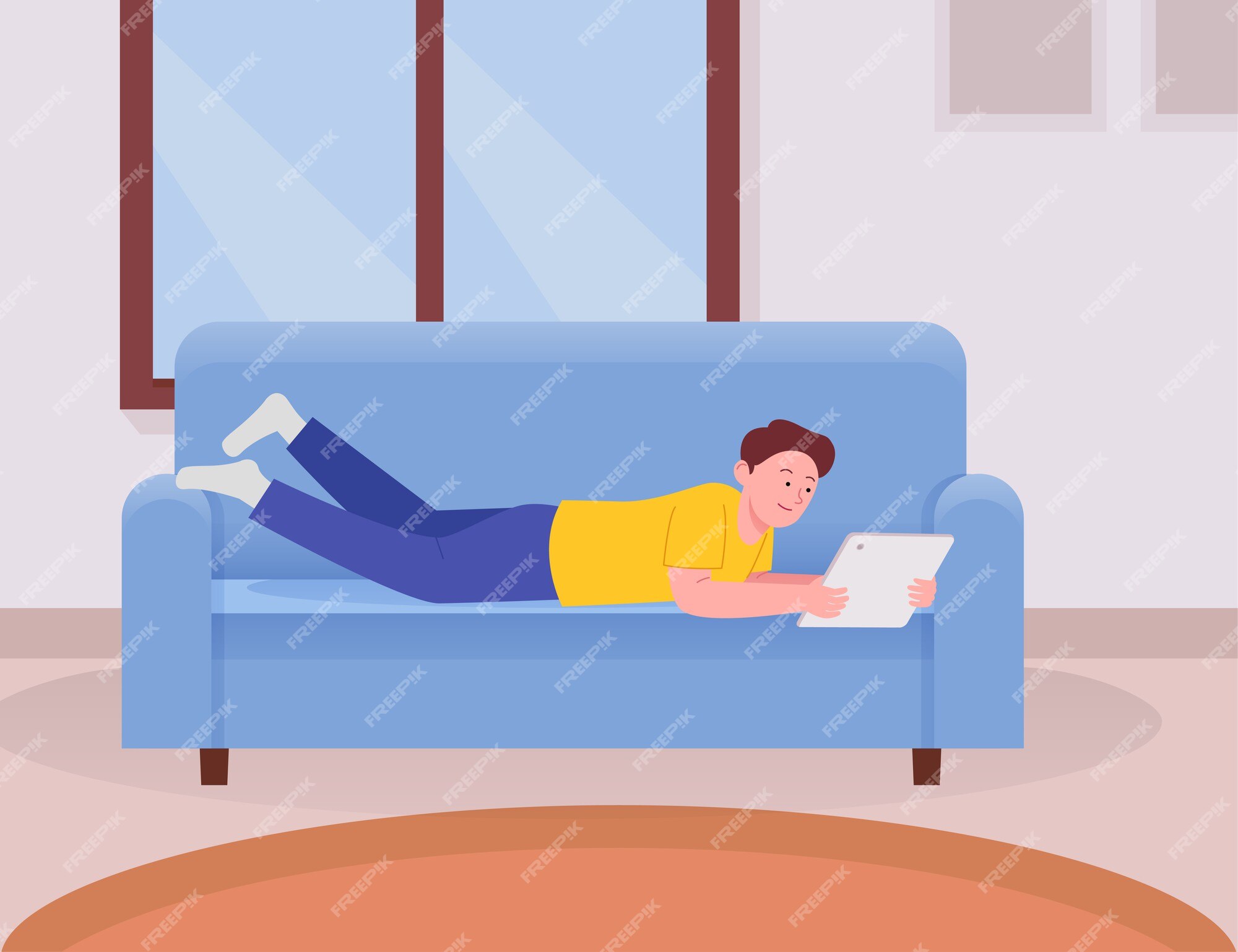 Premium Vector | Kids lying in cozy sofa holding tablet cartoon flat  illustration