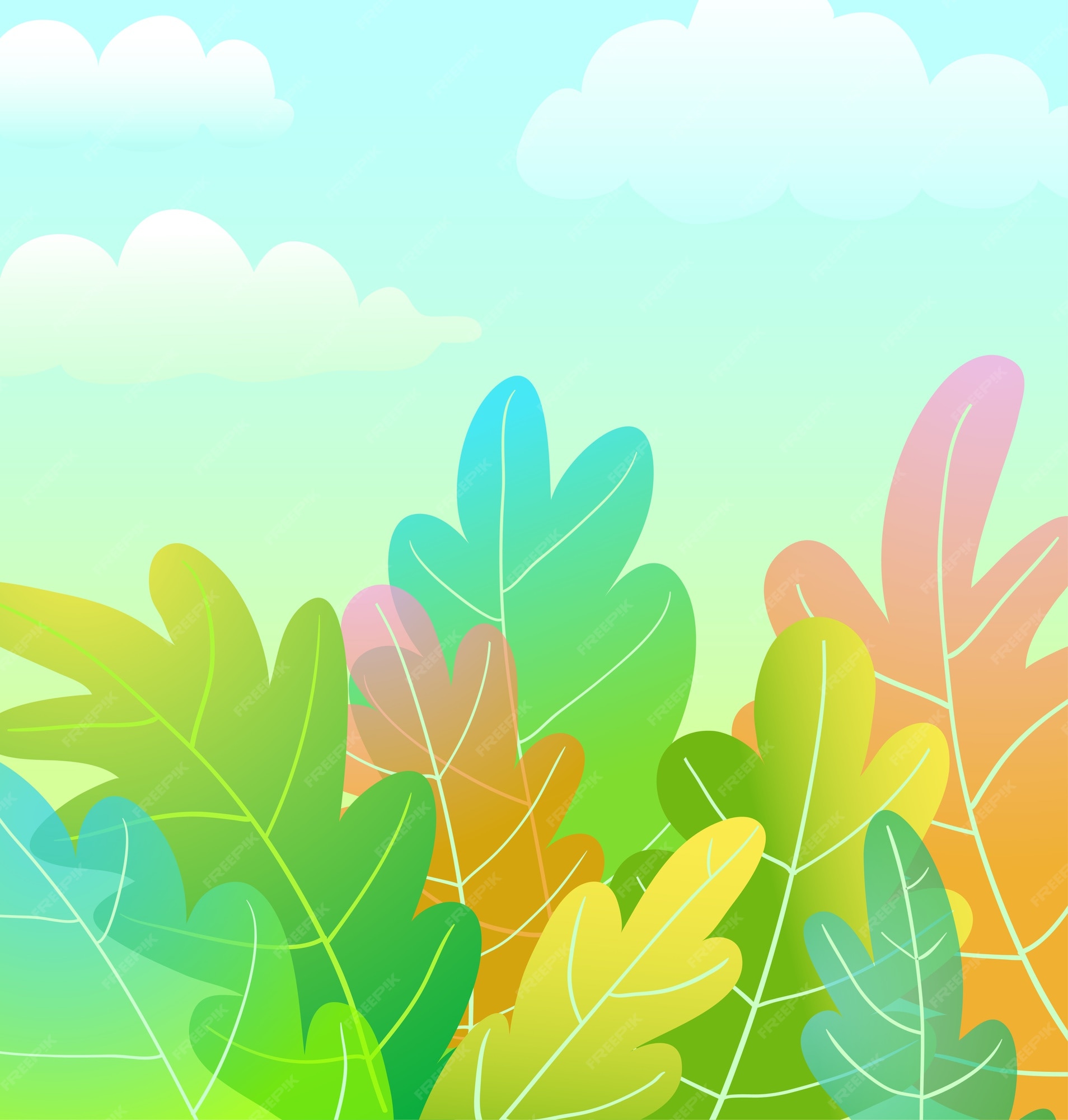 Premium Vector | Kids magic forest cartoon artistic background design with  clouds in the blue sky vector in watercolor style.