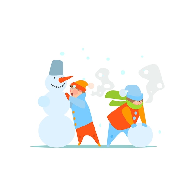 Kids Making A Snowman Primitive Vector Flat Isolated Illustration On White Background