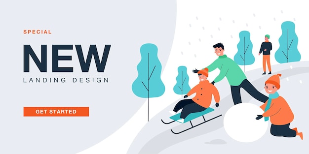 Kids and man sledding down hill together, building snowman. people enjoying snow outdoor flat vector illustration. winter fun activity, leisure concept for banner, website design or landing web page