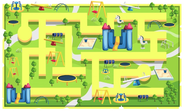 Vector kids maps playground with path and see saw, sand pool toys, carousel, swing and trampoline for 2d game platformer   illustration