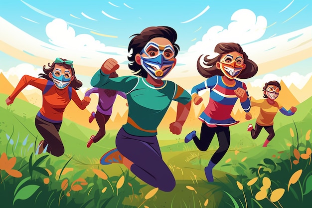 Kids in Masks Running in Grass