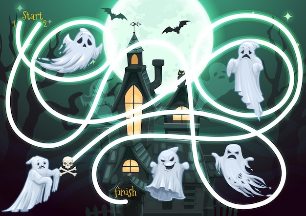 Gioco del labirinto per bambini con personaggi di fantasmi di halloween