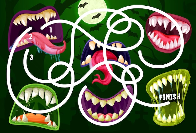 Vector kids maze game with monster mouths. vector labyrinth puzzle find correct way board game. task with tangled path and toothy maws. educational children riddle, family or preschool activity, recreation