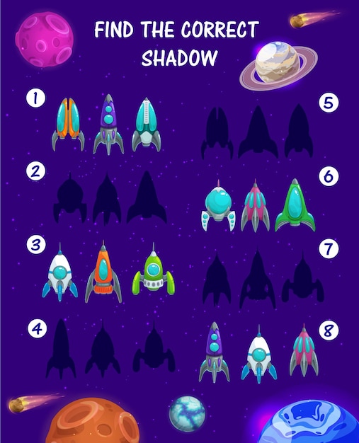 Kids maze game with spaceship silhouettes on background with space planets