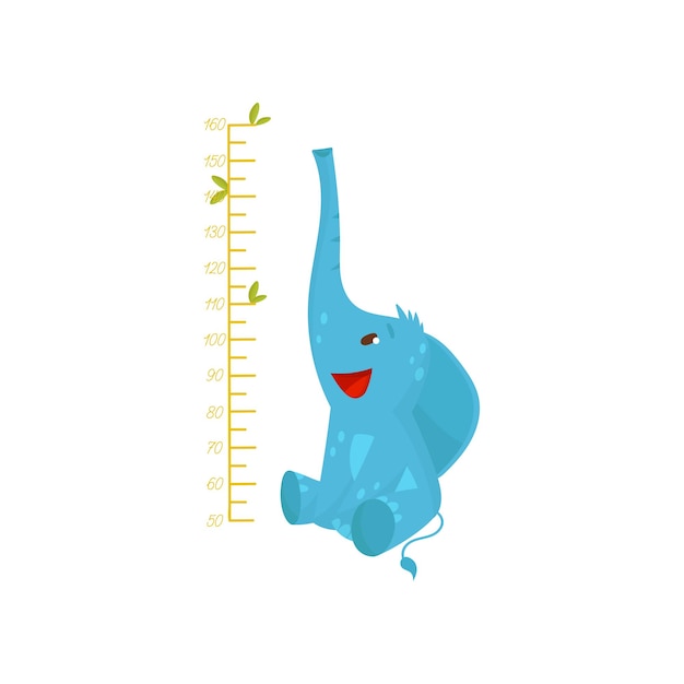 눈금자와 귀여운 파란색 코끼리를 측정하는 아이 큰 귀와 긴 트렁크를 가진 야생 동물 다채로운 평면 벡터 디자인