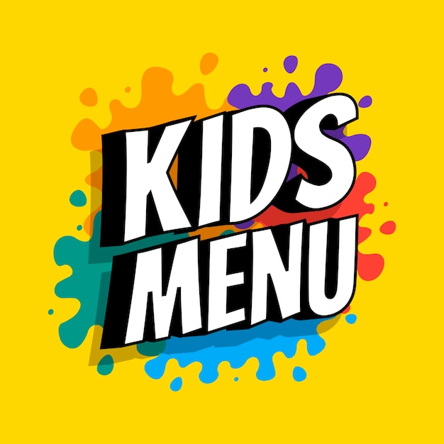 ペイントの色付きのかかとの背景に碑文が付いたキッズメニューのカラフルなバナーデザイン。ベクトルフラットイラスト。子供のための食べ物や飲み物のリストのレタリング。