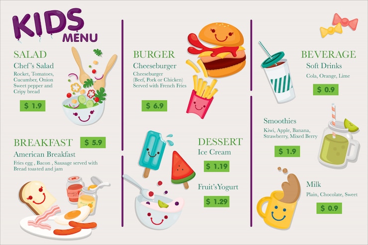 Vector kids menu.a lot of cute menu for children in your restaurant.