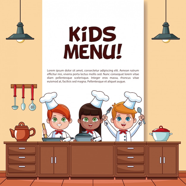 Kids menu poster with little chefs in kitchen cartoons