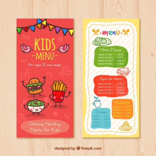 Menu per bambini con bei disegni alimentari