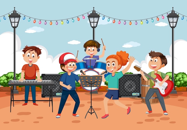 Banda musicale per bambini che suona al parco