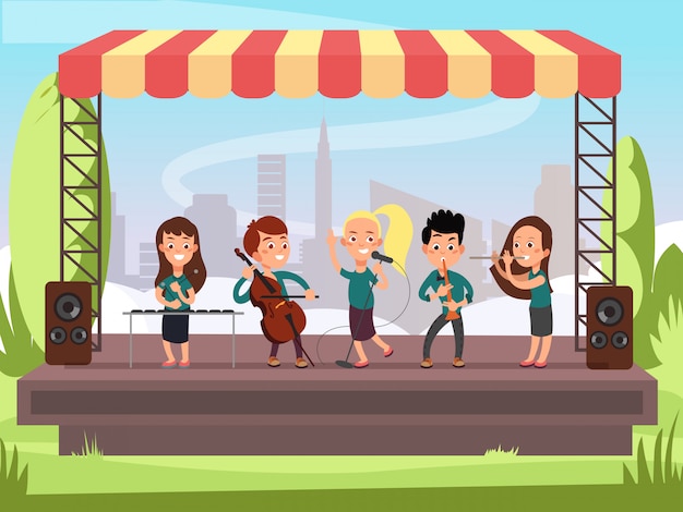 Kids music band playing on stage at outdoor festival vector illustration