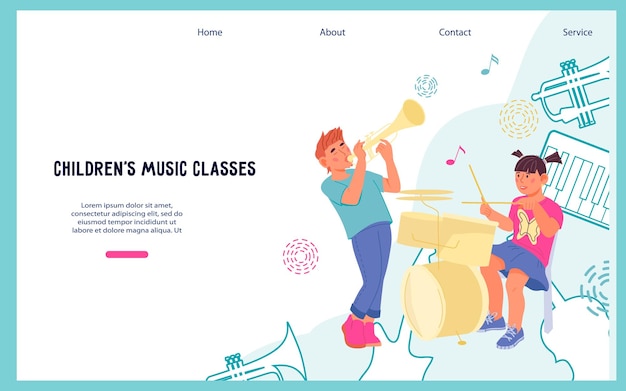 Vector kids music classes and education website banner template with kids vector