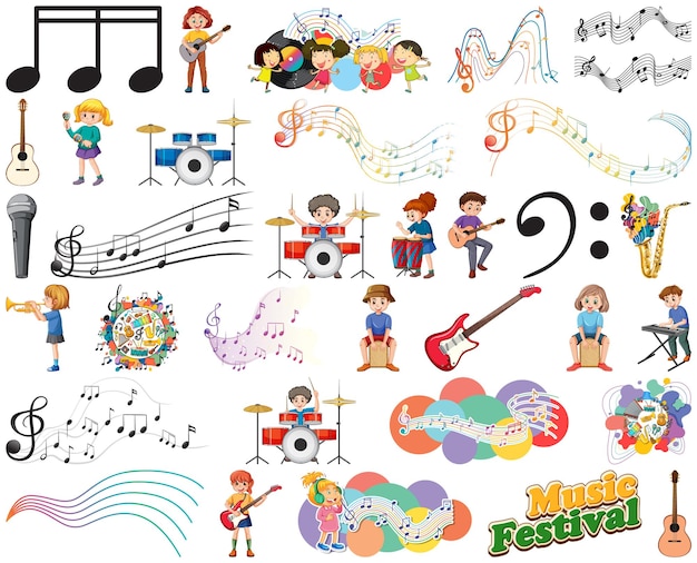 Vector kids musical instruments and music symbols set