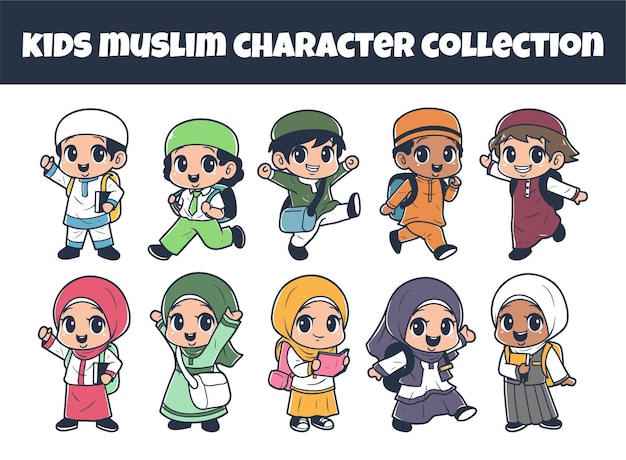 kids muslim character vector illustration set
