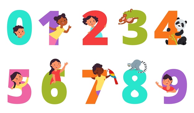 Vettore numeri per bambini animali per bambini sul numero di date colorate design elementi infantili per adesivi vendita banner carte di compleanno set vettore decente