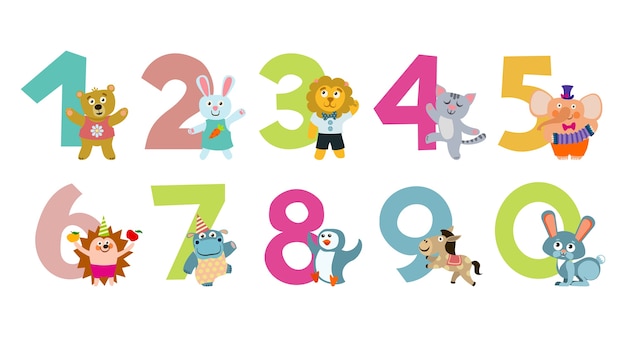 Vector kids numbers with cartoon animals for education