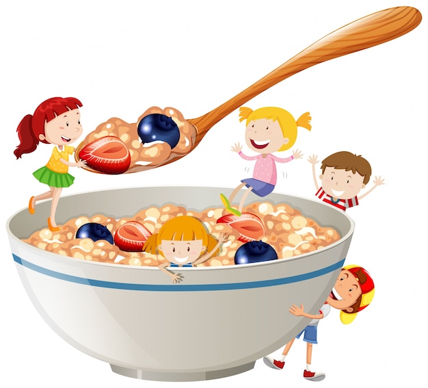 Kids and oatmeal with berries illustration