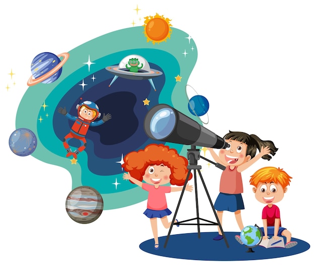 Kids observing planets with telescope