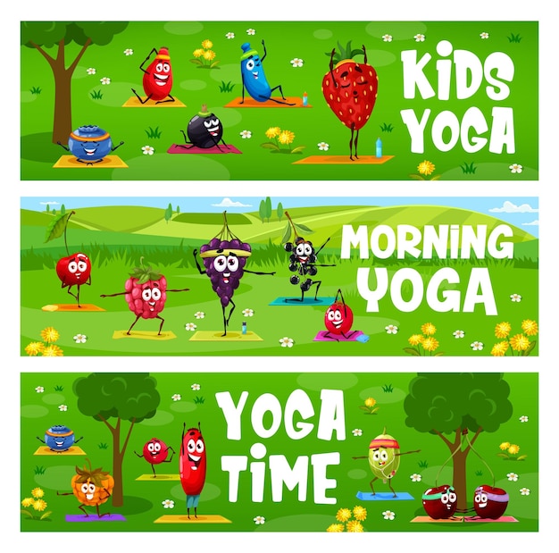 Kids ochtend yoga fitness stripfiguren bessen