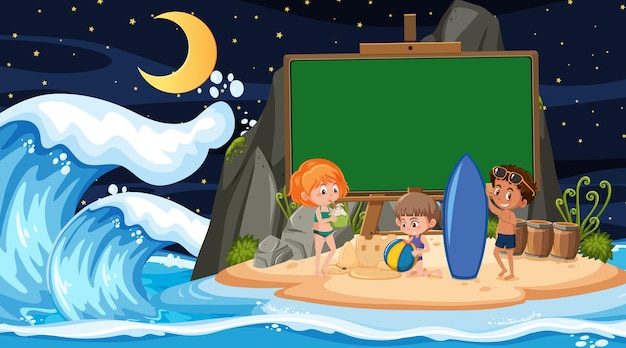 空のバナーテンプレートとビーチの夜のシーンで休暇中の子供たち