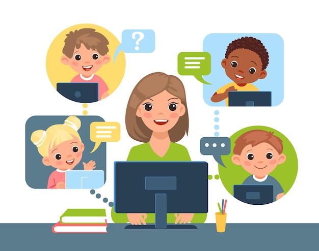 Kids online learning distance lesson internet chat with teacher woman sits at desk with computer interactive joint studying multichannel school education vector cartoon flat isolated concept