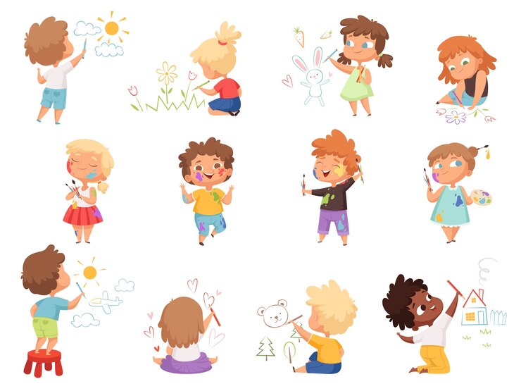 Vector kids painters. paint splashes on kids clothes childrens with pallette and colored brushes hand holding  characters. illustration child drawing cartoon image, happy children with colored pencils