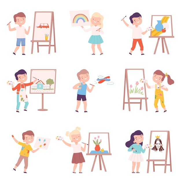 Kids Painting on Canvas Set Little Artists Characters Drawing on Easel Paper and Wall with Paints and Pencils Cartoon Style Vector Illustration