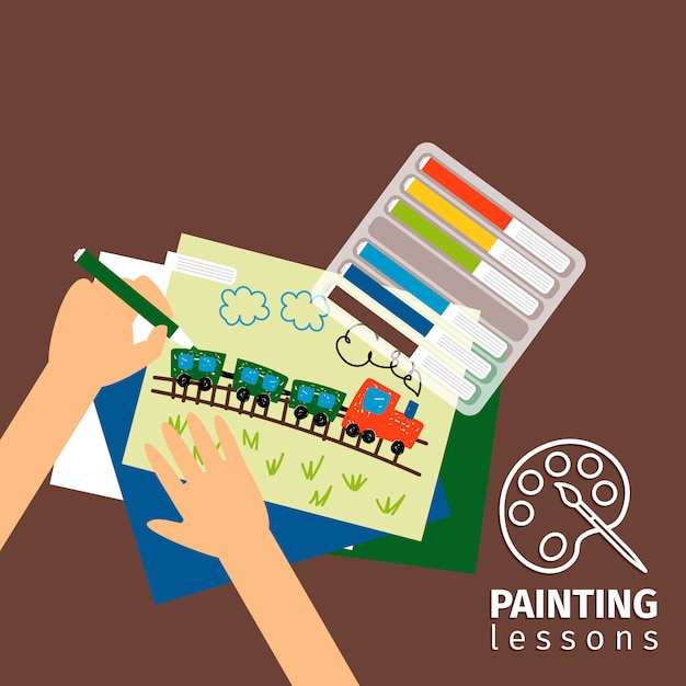 Vector kids painting lessons illustration