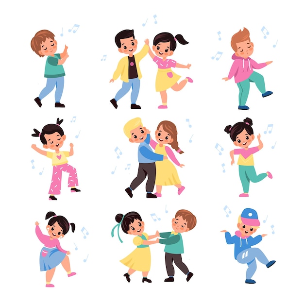 Vector kids pair dancing funny young dancers collection little musical couples friends beat moving cute boy and girl listen melody dance studio and art class vector cartoon isolated set