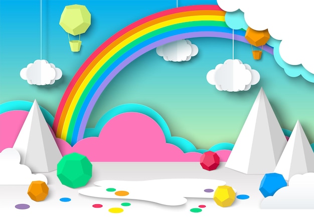 Vettore carta per bambini tagliata sfondo con nuvola e arcobaleno