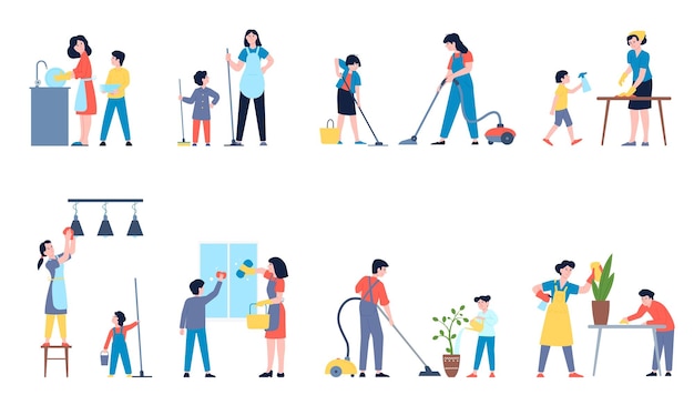 Kids parents cleaning Help house to mom happy family clean home Teenage and children helping mother and father houseworking laundry recent vector scene
