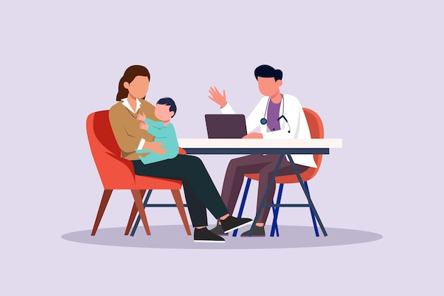 Kids parents and doctor Parenting in Healthcare concept Colored flat vector illustration isolated