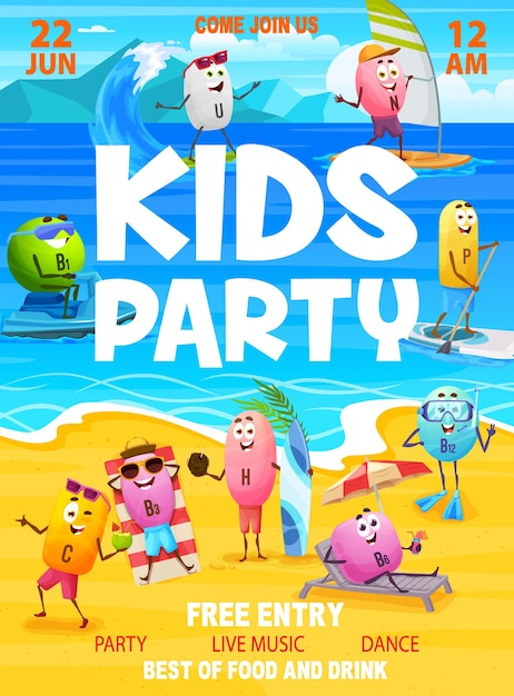 Vector kids party flyer cartoon vitamin characters