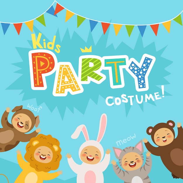 Kids party invitation with illustrations of happy children in carnival costumes of animals