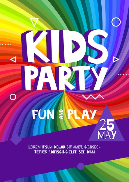 Kids party letter sign poster. cartoon letters and shapes in abstract rainbow rays colorful background. vector flyer template illustration.