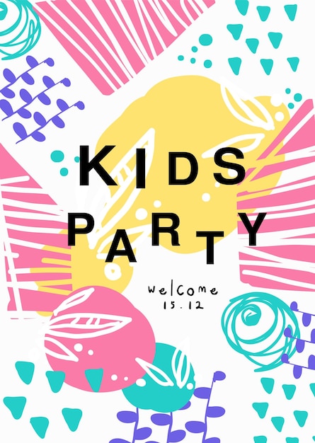 Вектор Плакат детской вечеринки с шаблоном даты может быть использован для плаката, приглашения, баннера, флаера, векторной иллюстрации веб-дизайна