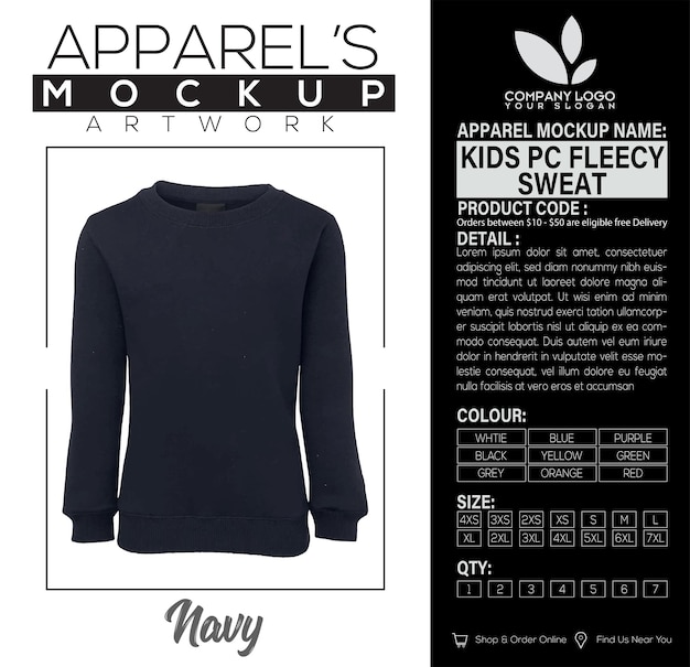 Kids PC Fleecy Sweat Navy Apparel Mockup Artwork