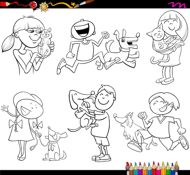 Vector kids and pets set coloring page