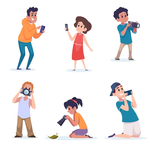 Kids photographers little artists making digital photo on high end modern gadgets cameras and smartphones exact vector cartoon template