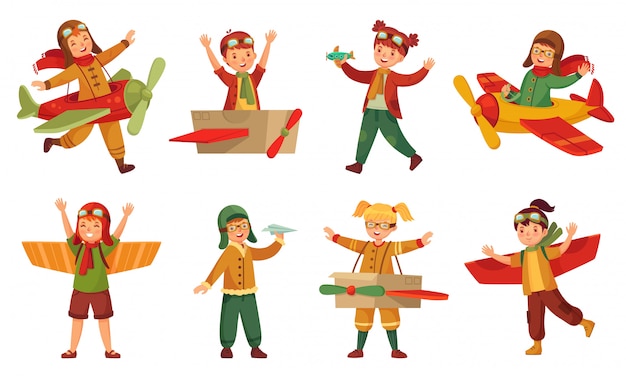 Kids in pilot costumes. paper toy plane wings, adorable kids play with airplanes toys and child aircraft modeling  set