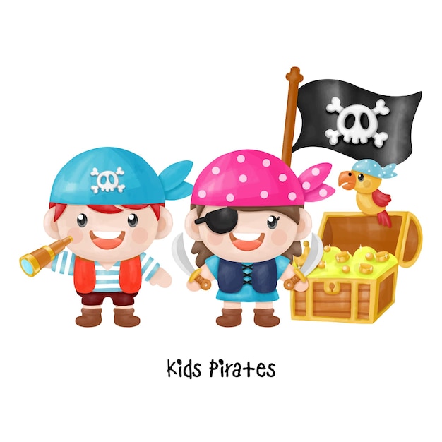 Vector kids pirate captain and sailor characters watercolor clipart