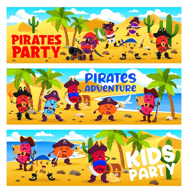 Kids pirate party. cartoon vitamins on island