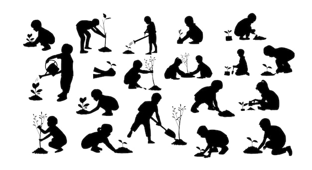 Kids plant tree silhouette