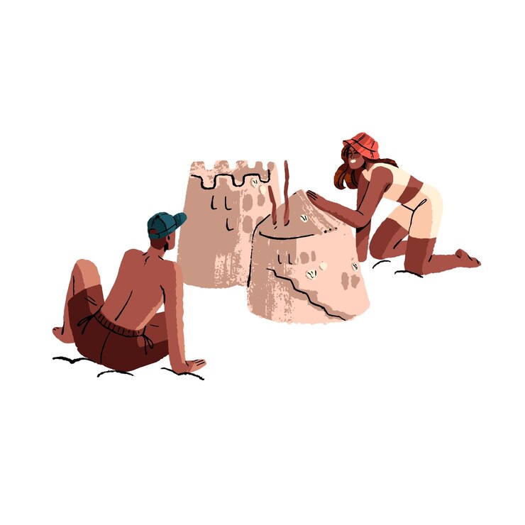 Vector kids play on beach boy in cap and girl in panama hat build sand castle on coast people rest on summer vacation fun activities for children on resort flat isolated vector illustration on white