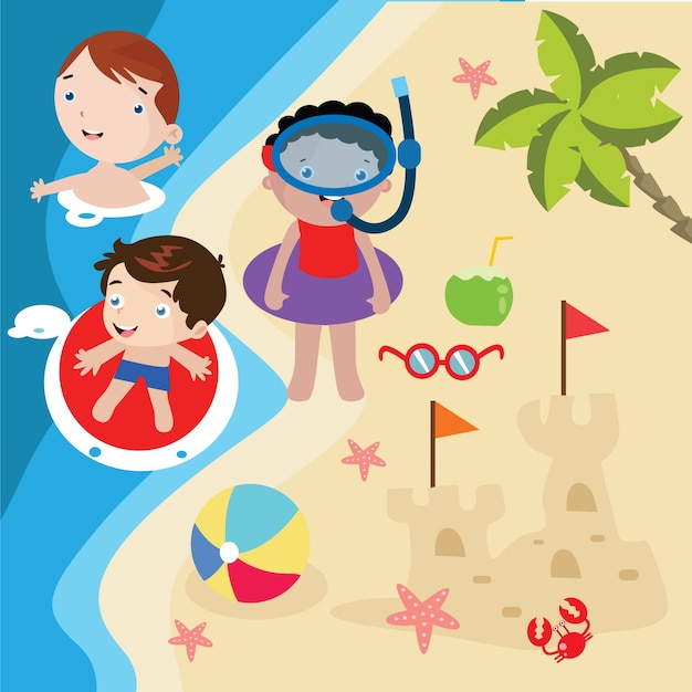 Vector kids play beach cartoon illustration