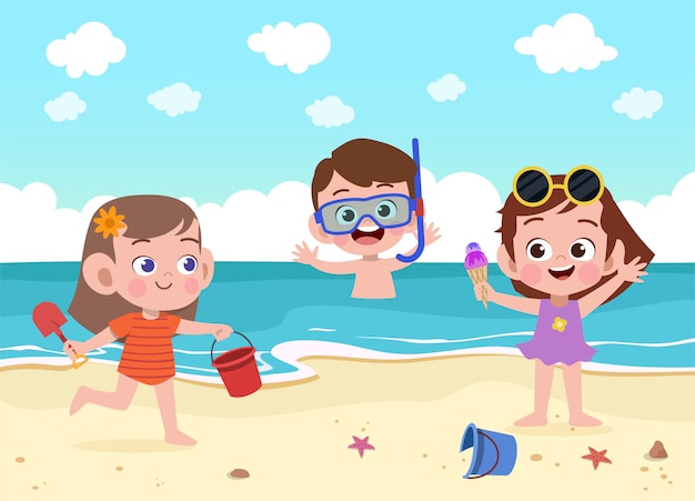 Vector kids play at the beach illustration